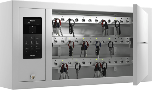Elektronisk nøgleskab med kodepanel og organiserede nøgler